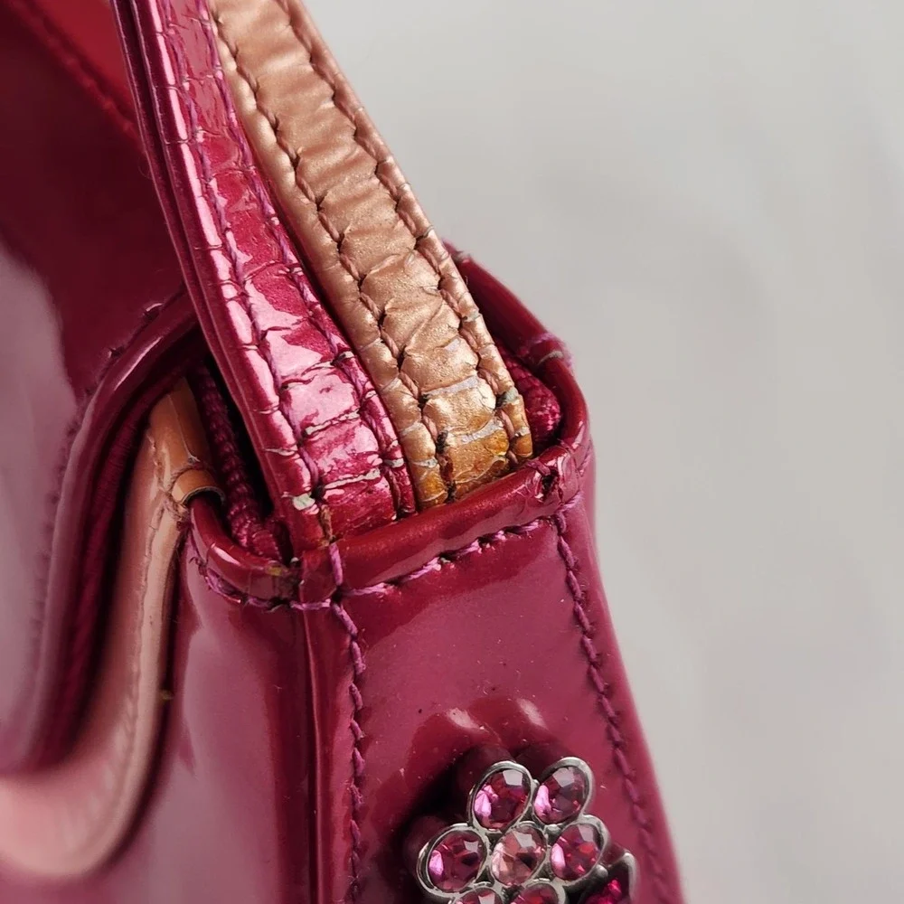 Stuart Weitzman Y2K 90s Shoulder Bag Purse Patent Leather Pink Rhinestone Spain